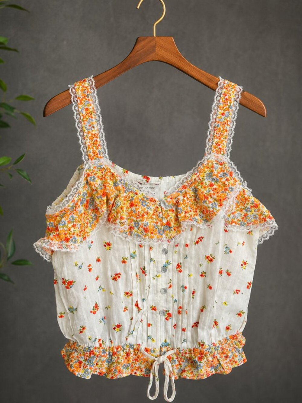 Summer Cottagecore Floral Ruffle Lace Trim Tie Hem Cami Tank Top A. Eagle Lrg. - Picture 2 of 7